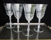 Rock Sharpe 4-Pc Normandy Water Goblet Set Vintage Cut Crystal Stem 3005 Flowers Arches Leaves Starred Foot 8 oz 1940s Large Wine Ohio USA