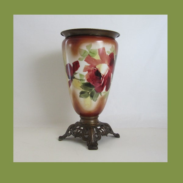 13 5/8" Antique Glass Oil Lamp Base, Repurposed Flower Vase • Unique Footed Urn Shaped Pot, Handpainted Red Roses • Ornate No 304 Metal Foot