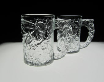 2-Pc Batman Forever McDonald's Collector Mugs • Vintage 1995 Set DC Comics 3D Movie Memorabilia • 8 Oz Clear Handled Cup • Crafted in France