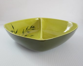 8 3/4" Oats by Winfield Square Divided Vegetable Bowl Chartreuse & Green • Vintage MidCentury Hand Decorated Earthenware •California Pottery