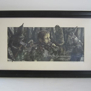 May include: A framed black and white print of a child standing in a forest with several figures in the background. The child is wearing a dark dress and has a worried expression on their face. The figures in the background are wearing hooded cloaks and appear to be menacing.
