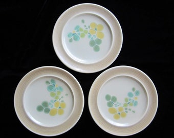 3-Pc Pebble Beach Salad Plate Set by Franciscan, Vintage Earthenware Yellow and Green Floral Center 8 1/2" Luncheon Tableware 1970s Pottery