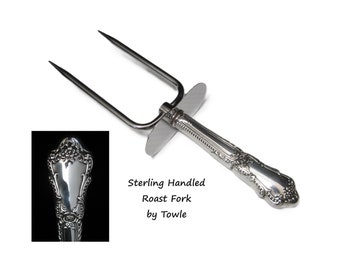 9 1/4" Sterling Handled Roast/Meat Fork Floral by Towle Silver • Vintage Repoussé Rose Motif, Curvy Handle, Beaded Rim • Stainless Tines USA