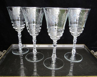 4-Pc Normandy Water Goblet by Libbey Rock Sharpe • Vintage Cut Crystal Stem 3005 Flowers Arches Leaves Starred Foot • 8 oz Large Wine • USA