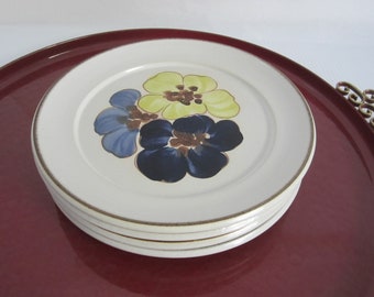 4, 8, 12-Pc Potpourri Hue Salad Plate Set by Denby Langley, England • Vintage 1971 Stoneware Blue & Yellow Floral Center Motif Oat White 8"