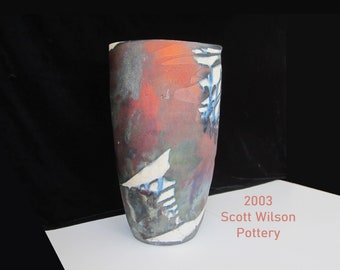 17" Scott Wilson Pottery Raku Pillow Floor Vase Hand Built Iridescent Multicolor • Vintage Signed 2003 Unique Boho Decor Vessel • Made in CA