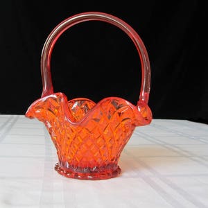 Red Glass Basket with Handle Diamond Point Hobnail Vintage Collectible Handmade Glassware Candy Dish Accent Piece Beveled Starred Base image 1