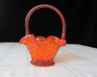 Red Glass Basket with Handle • Diamond Point Hobnail • Vintage Collectible Handmade Glassware Candy Dish • Accent Piece Beveled Starred Base