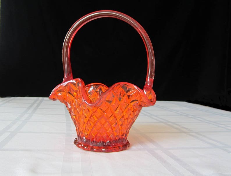 Red Glass Basket with Handle Diamond Point Hobnail Vintage Collectible Handmade Glassware Candy Dish Accent Piece Beveled Starred Base image 1