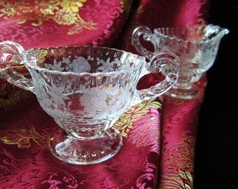 2-Pc Wildflower Cream & Sugar by Cambridge Glass • Vintage 1939 Set Elegant Etched Crystal Flowers, Leaves and Stems • Optic Ribbed • OH USA