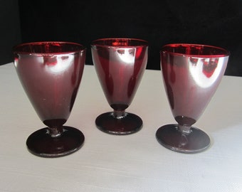 3-Pc Anchor Hocking Royal Ruby Wine Glass • Vintage 1930s Depression Era Footed Tumbler Cocktail • Pressed Dark Red 2.5 Oz Retro Barware USA