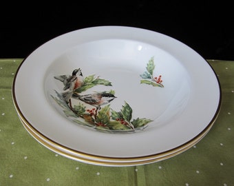 2-Pc Chickadees & Holly Soup Bowl by Boehm • Vintage Gold Trimmed Rimmed Bowls • Colorful Illustrated Birds in Branches • Bone China England