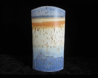 8 1/2” Studio Art Pottery Vase Signed Unknown Artist • Rustic Hand Built Oval Slab Form • Vivid Horizonal Bands Blue Periwinkle, Orange, Tan