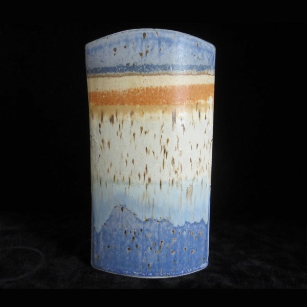 8 1/2” Studio Art Pottery Vase Signed Unknown Artist • Rustic Hand Built Oval Slab Form • Vivid Horizonal Bands Blue Periwinkle, Orange, Tan