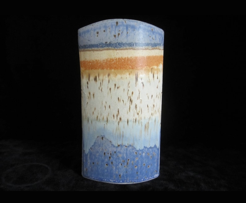 8 1/2 Studio Art Pottery Vase Signed Unknown Artist Rustic Hand Built Oval Slab Form Vivid Horizonal Bands Blue Periwinkle, Orange, Tan image 1