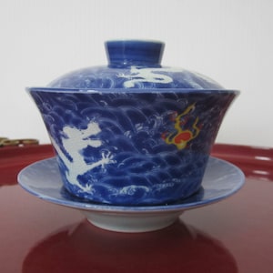 Chinese Porcelain Gaiwan Lidded Tea Bowl and Saucer, Imperial Dragon & Pearl Motif • Cobalt Blue, Red, Yellow, Celadon • Kung Fu Ceremony