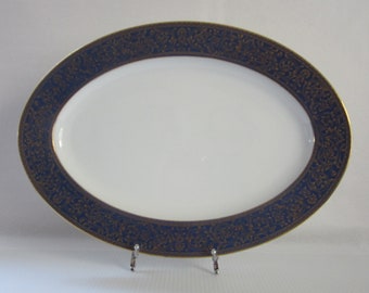 14 1/8" Sango Aristocrat Oval Platter, Cobalt Blue & Gold Band • Vintage 1970 Footed Serving Plate • Ornate Gilt Scroll Trim • Made in Japan