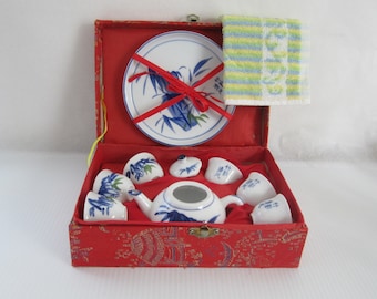 10-Pc Miniature Chinese Tea Set in Red Brocade Box • Vintage Blue & Green Bamboo Calligraphy on White • Traditional Asian Handpainted China