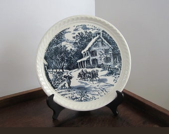 5-Pc Currier & Ives Pie or Dessert Plate 7 3/4" by Royal China, USA • Vintage 1950 Design, Roped Rim, Imperial Blue Center Sleigh Ride Scene