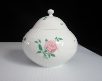 Sugar Bowl & Lid Romance Rose by Rosenthal Studio Line • Vintage 1987 by Bjorn Wiinblad • Pink Rose, Green Leaves, Raised Ovals • Germany