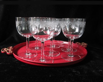 2-7 Pc Wine Glass Elegant Etched Clear Crystal Floral Motif by Unknown Maker • Vintage 4 Oz Small Claret or Juice Goblet • Delicate Abstract