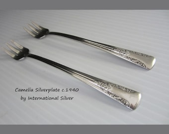 2-Pc Camelia Silverplate Seafood Cocktail Fork by International Silver • Vintage 1940 Delicate Floral Tip Pattern • 3 Tines, Ribbed Handle