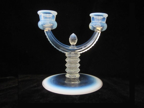 Vintage 1930s Art Deco Glass Dual Taper Candle Holder Vintage 1930s Art Deco Glass Dual Taper Candle Holder