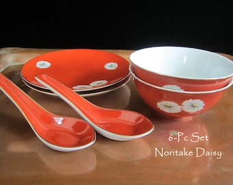 6-Pc Noritake Nippon Toki Kaisha Porcelain Red Vermilion, Daisy, Dish Trio • Vtg  2-each Bowl, Small Plate, Renge Spoon • Asian Dining Japan