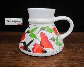 16 Oz Hummingbird Commuter Mug Illustrated by Tom Taylor for Otagiri • Vintage c1980s No-Spill Wide Base Coffee Cup with Large Handle, Japan