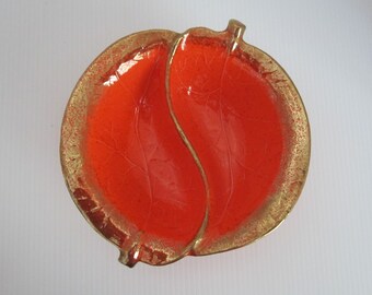 2-Part Bowl California Pottery #725 USA • Vintage Mid-20th Century Red-Orange Ceramic with Sparkling Gold Flecks • 7 1/2" Centerpiece Dish