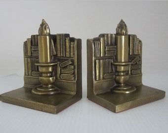 PMC Candle & Books Bookends • Vintage MidCentury Hand Cast Metal • Brass Plated and Lacquered • Philadelphia Mfg Co Model 18B • Made in USA