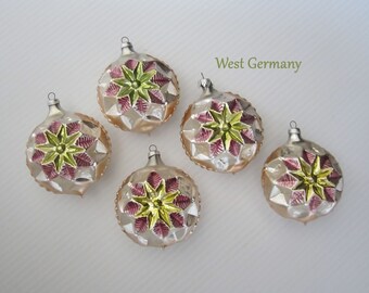 5-Pc West German Blown Glass Christmas Ornament • 2.5" Colorful Green Star Center, Silver, Pink, Gold Sphere • Vintage Handpainted • Germany