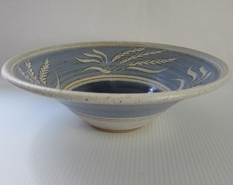 10 1/2" Pottery Bowl with White Wheat Design • Vintage Signed Handmade Studio Art Round Dish • Light Slate Indigo Blue Speckled Rustic Clay