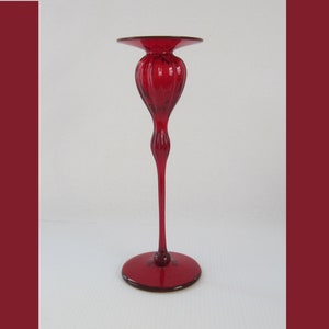 10 3/8&quot; Candlestick R. Strini Signed Art Glass • Vintage Ruby Red Color Pop Single Light Hand Blown Candle Holder • Collectible Unique USA