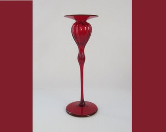 10 3/8" Candlestick R. Strini Signed Art Glass • Vintage Ruby Red Color Pop Single Light Hand Blown Candle Holder • Collectible Unique USA