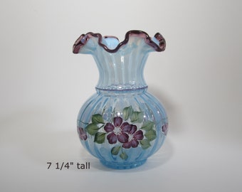 7 1/4" Fenton Misty Blue Opalescent Optic Rib Vase with Plum Crest • Vintage 1990s Handpainted & Signed by Artist J Dowler • Collectible USA