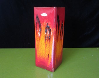 9.5" Fat Lava Vase by Kreutz Keramic • Vintage Burnt Orange Red & Black Square Geometric • West German MidCentury Decorative Art Pottery