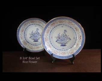 2-Pc Rice Flower 8.75" Bowl Set, Porcelain Jingdezhen China • Vintage Traditional Longevity, Blue Bats, Red Outlines, Green, Gold Trim 中国景德镇