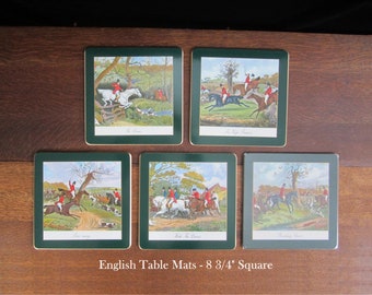 5-Pc English Placemat Set Antique Hunt Scenes 8 3/4" Square • Vintage Colorful Breakfast Lunch Size, Green Border, Gold Rim, Cork • England