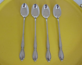 4-Pc Strathmore Stainless Iced Tea Spoon Set by Oneida Ltd. • Deluxe Antiqued Glossy Scroll Handle • Vintage 1990s Discontinued • Very Nice!