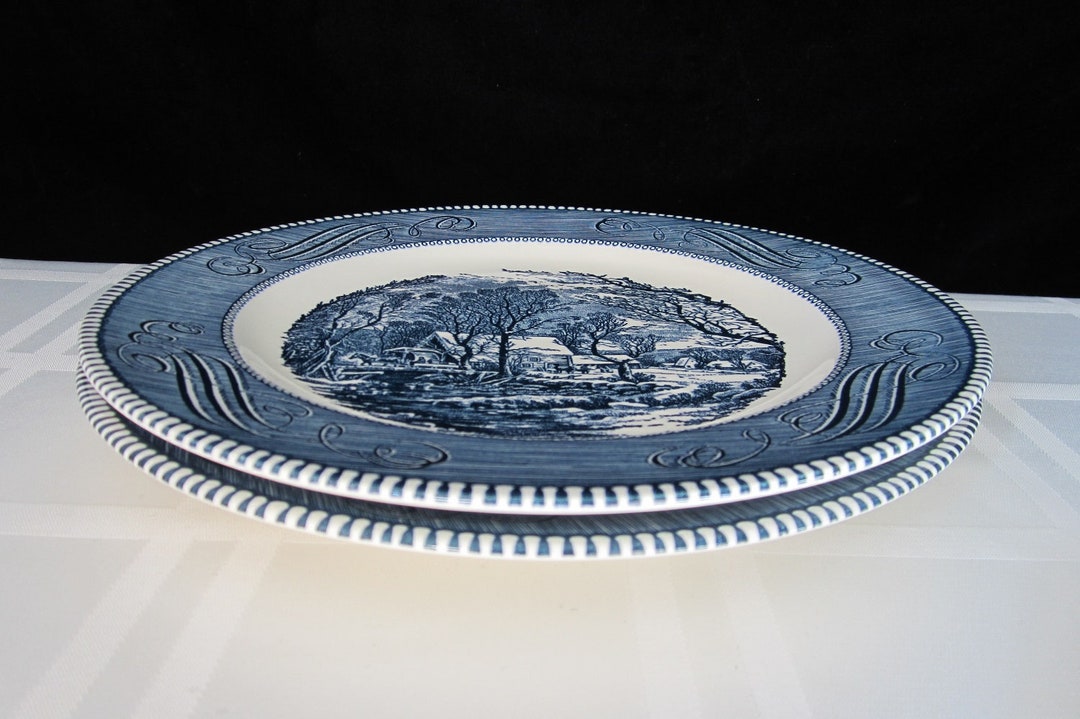 2-pc Vintage Currier & Ives Dinner Plate Set • Royal China Old