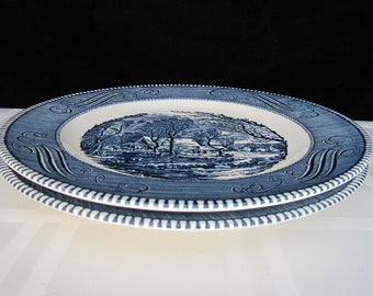 2-Pc Currier & Ives Dinner Plate by Royal China • Vintage Set Old Grist Mill Vintage Blue White Transferware • Forest Snow Scene • OH USA