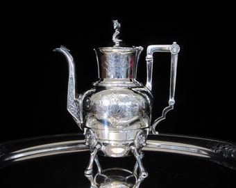 Antique Webster Mf'g Co. Silverplated Tea or Coffee Pot • Sculpted Buffalo Head & Feet • Vintage c1860s Victorian Aesthetic Period • NY USA