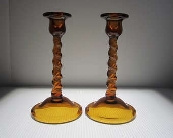 Pair 7" Cambridge Twist Stem Candlestick Set Amber Glass • Antique Vintage c.1920s • Single Light Spiral Ribbon • 2-Part Mold, Collectible