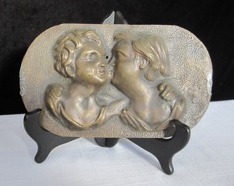 Bronze Plaque with Man and Woman Embracing • Vintage Young Couple Cast Metal Sculpted Relief • Unique Oval Home Embellishment Wall Plaque