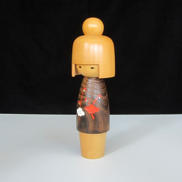 9" Kokeshi Doll Japanese Creative Sosaka Wooden Girl, Bobbed Blond Hair • Vintage Natural Grain Wood Cherry Blossoms Marked Red Seal • Japan