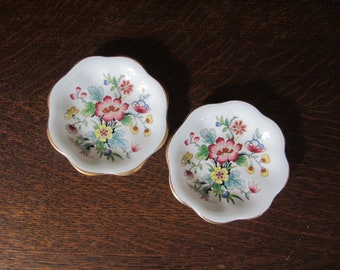 2-Pc Coalport Ming Rose Butter Pat with Gold Trim • Vintage 1970 Colorful Floral, 3 1/2" Scalloped Edge • Fine Bone China • Made in England