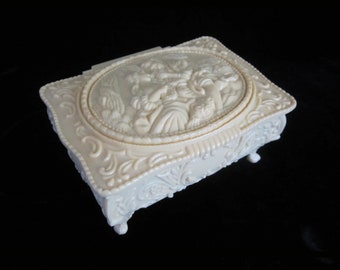 Ivory White Plastic Jewelry Box • Vintage Mid-20th Century Victorian Style Mirrored Keepsake Casket • Romantic Cameo on Hinged Lid • China