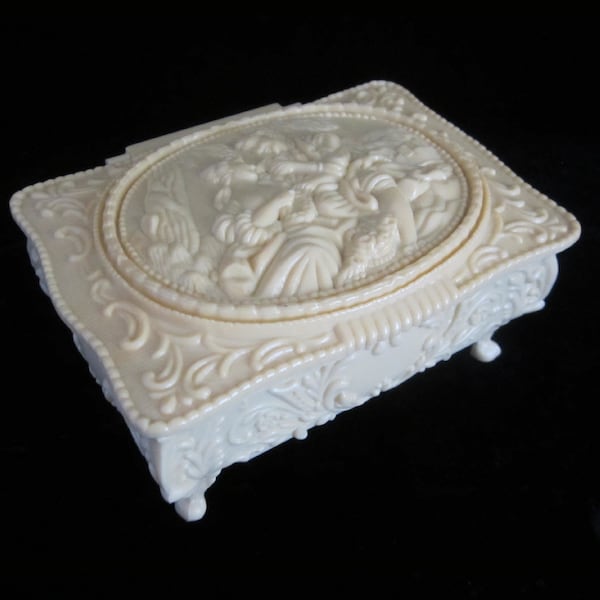 Ivory White Plastic Jewelry Box • Vintage Mid-20th Century Victorian Style Mirrored Keepsake Casket • Romantic Cameo on Hinged Lid • China