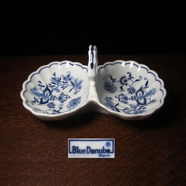 Blue Danube Japan Relish Dish 2-Part, Loop Handle • Vintage 1977 Cobalt & White Footed Porcelain Condiment Server 7.25" • Scalloped Shell